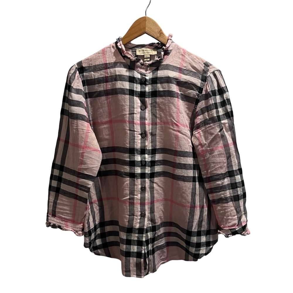 Burberry Salla Pink Nova Check Ruffle Collar 3/4 Sleeve Button Shirt Sz 4